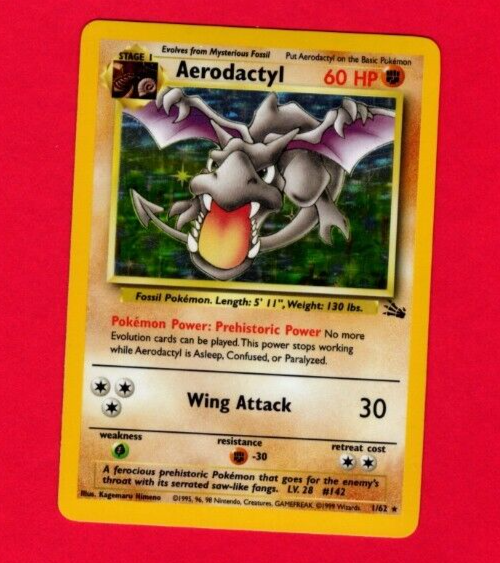 aerodactyl pokemon card 1999 1999 Pokémon Rare Holo Fossil Set Aerodactyl 1/62 Single Card