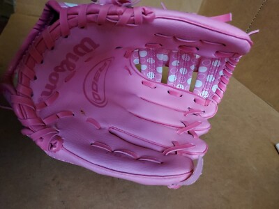 Wilson T-Ball Glove Style A300 9.5 Inch RHT Pink with White Polka Wilson T-Ball Glove Style A300 9.5 Inch RHT Pink with White Polka