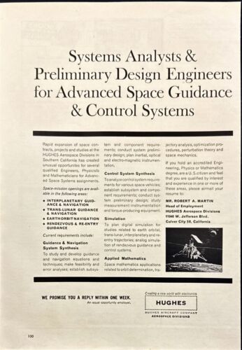 Hughes Engineers Needed Space Guidance Systems Culver City Vtg Print Ad 1963