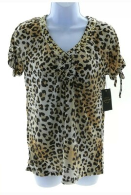 Goddess Womens Blouse Size M Brown Black Animal Print Ties Short Sleeve Studded