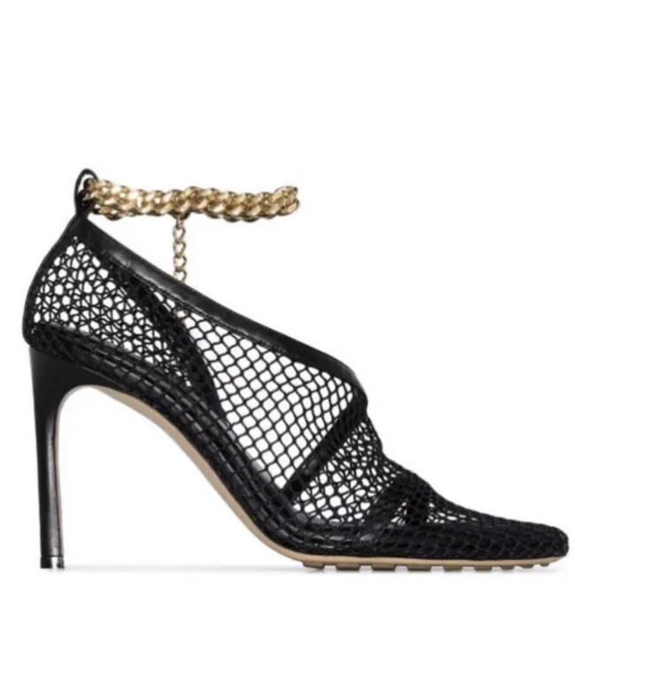 NEW Bottega Veneta Gold Ankle Chain Strap Black Mesh Sandals NEW Bottega Veneta Gold Ankle Chain Strap Black Mesh Sandals