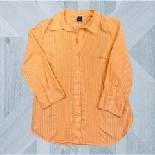 Gap Top Shirt Womens Medium Orange Embroidered Striped Casual Button Front