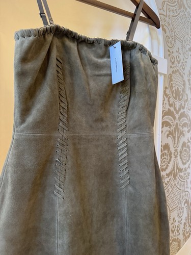 BNWT Karen Millen Real Suede Leather Dress Olive Green 6 XS Whipstitch Bandeau - Picture 3 of 12