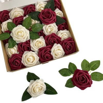 Artificial Flowers 25 pcs Fake Burgundy Champagne Roses for DIY Wedding Bouqu...