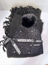 2 Piece One Size Madden NYC Rhinestone Studded Beanie and Scarf Gift Set Black