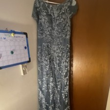David's Bridal Blue Floral Embroidered Mesh Gown Size 14 Cap Sleeves