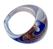 OOAK Handmade Art Glass Statement Ring SZ 8.5 With Swirled Blue Copper Accent