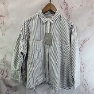 Everlane Shirt Womens Large White Black Gray Striped Button Boxy Oxford Pocket
