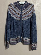 Tiara International Women's Fair Isle BLUE Nordic Zip Front Cardigan Sweater XL