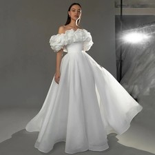 Organza Wedding Dresses Boat Neck Off Shoulder Ruffles Flower Backless Gowns