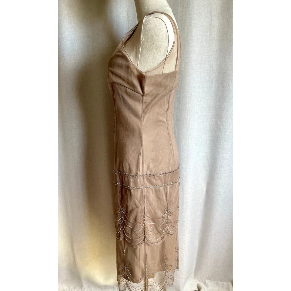 Vintage Papell Nude Beige Beaded Gatsby Flapper Sleeveless Slip Dress Costume 6 - Image 3 of 4