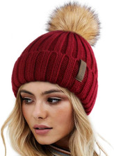 Womens Winter Knitted Beanie Hat with Faux Fur Pom Warm Knit Skull Cap Beanie fo