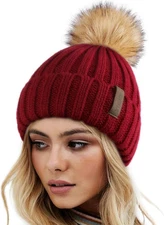 Womens Winter Knitted Beanie Hat with Faux Fur Pom Warm Knit Skull Cap Beanie fo