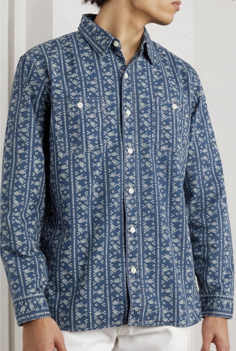 NWT $345 RRL Ralph Lauren Men's Logo-Print Indigo Woven Workshirt