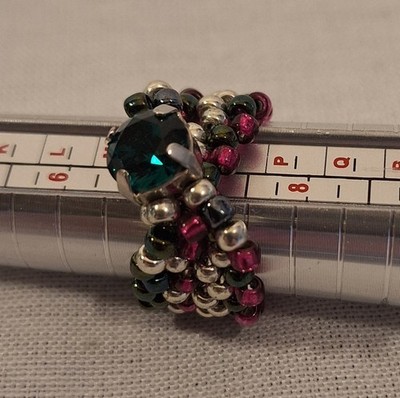 Handmade Beaded Ring Size 7, Miyuki Beads, Emerald Crystal, Gothic Elegance