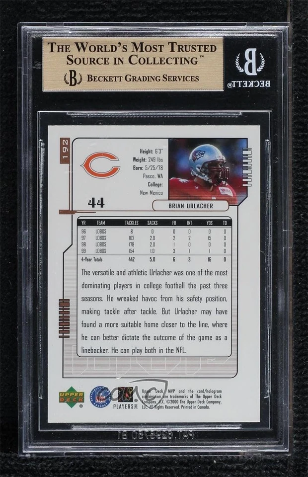 2000 Upper Deck MVP Brian Urlacher #192 BGS 9.5 GEM MINT Rookie RC HOF - Image 2 of 2