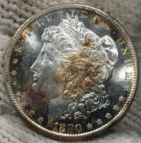 1880-s Morgan Silver Dollar Brilliant Uncirculated Cameo & Slight Mirrors Toned