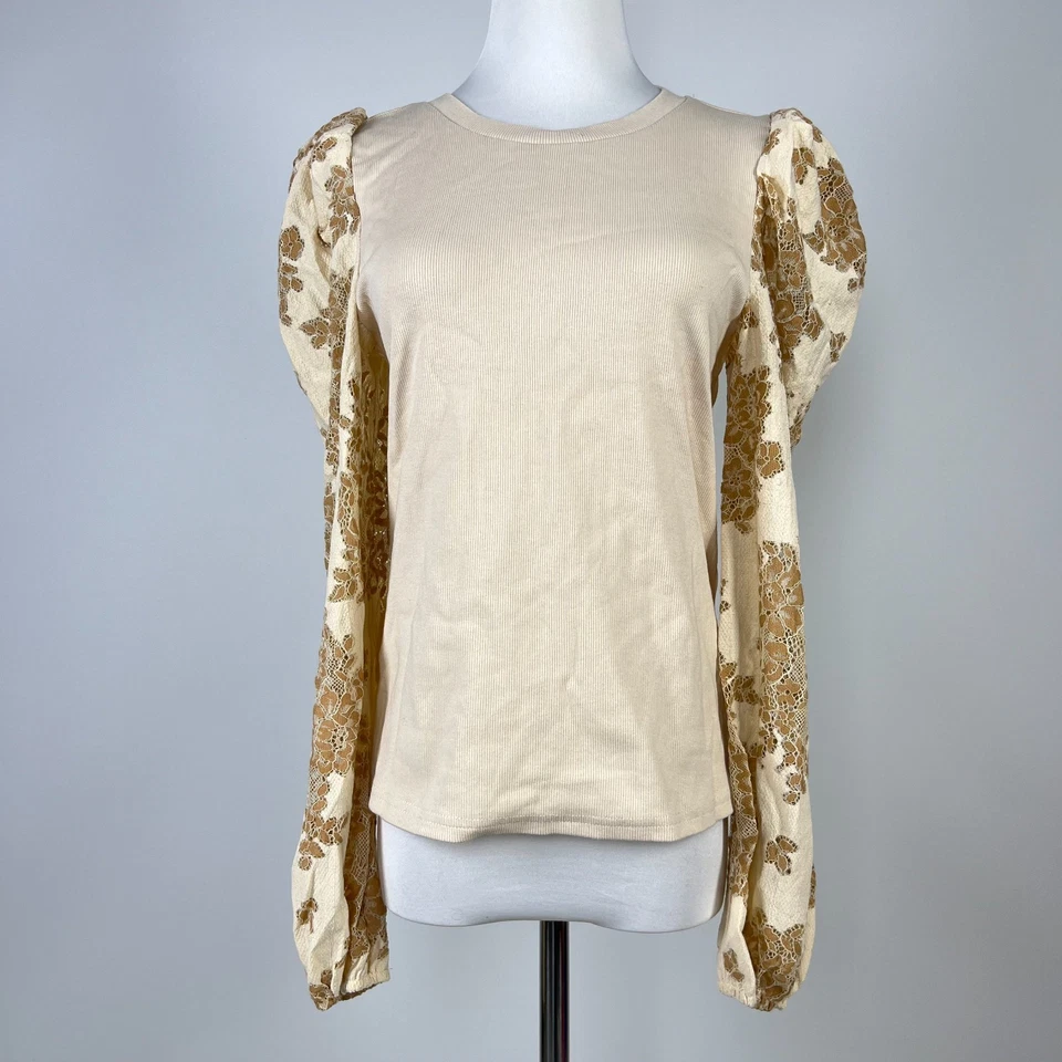 NWOT Anthropologie DOLAN Lace Puff-Sleeve Top Cream Size M Long sleeve - Image 3 of 4