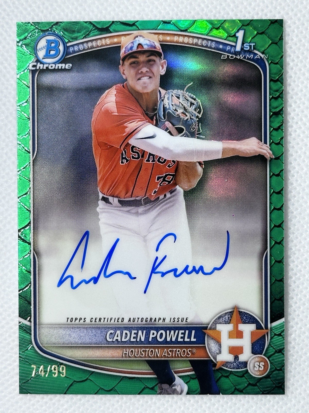 2025 Bowman Chrome Caden Powell 1st Bowman Auto Green Reptilian Refractor /99