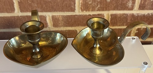 Vintage 2 Messing Kegel Kerzenständer Halter Herz Tropfteller Griff Messing Tausch - Bild 2 von 18