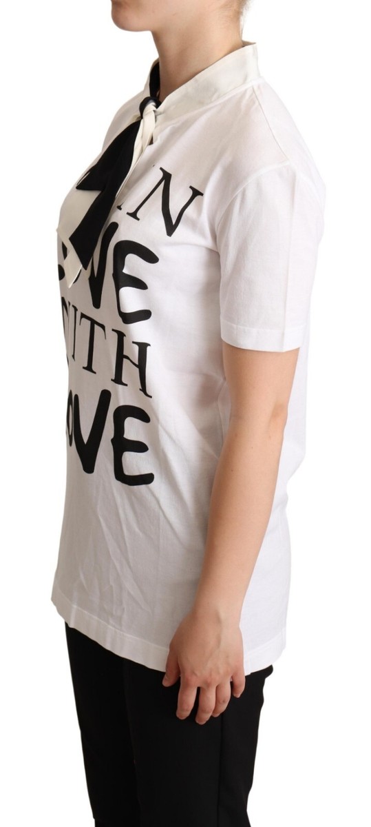 DOLCE & GABBANA T-shirt White Cotton Silk Blend Ascot Collar
