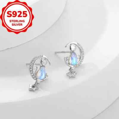 925 Sterling Silber Mondstein CZ Katze, Mond & Stern Ohrstecker in Geschenkbox
