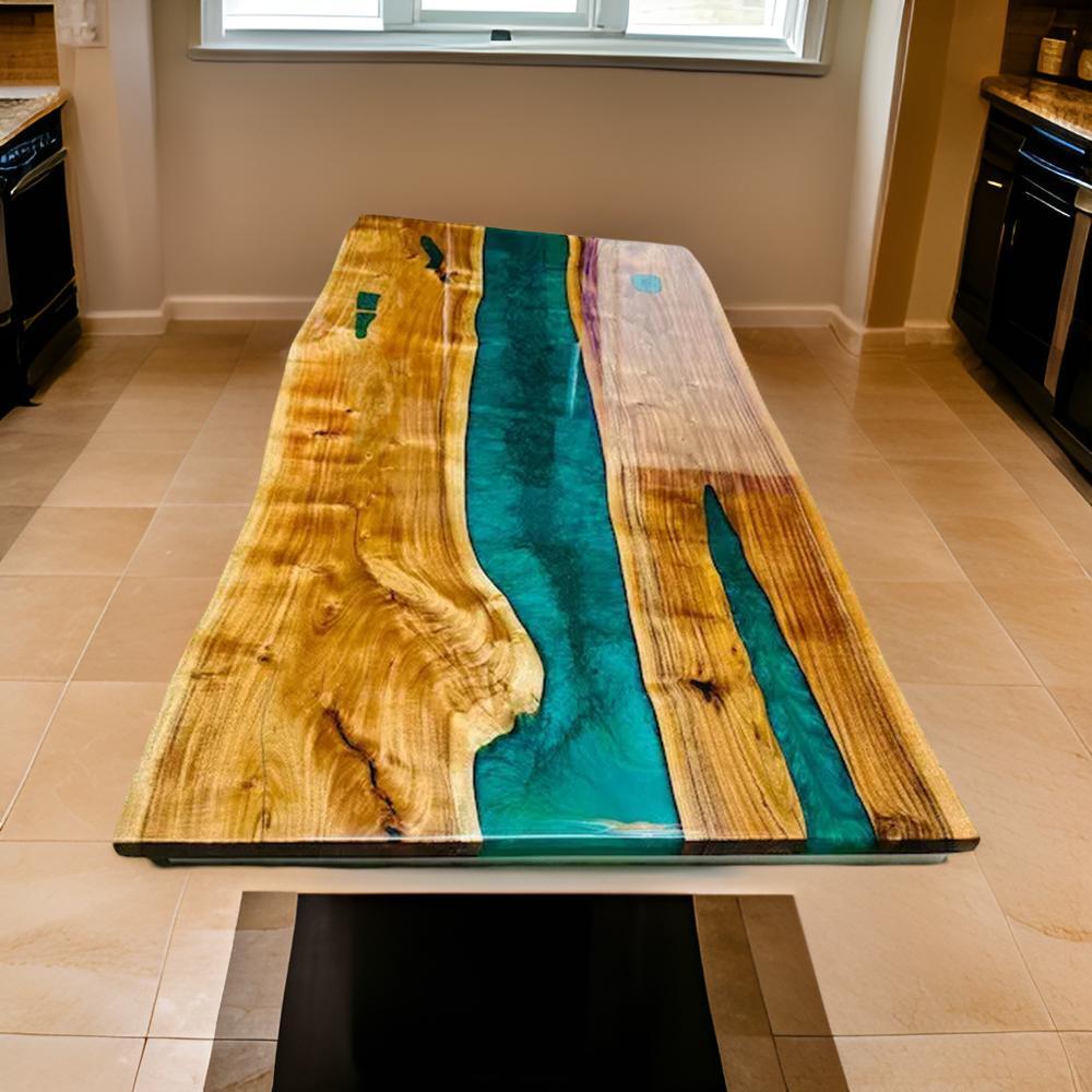Green Epoxy Resin Dining Table Top Acacia Wood Live Edge Hallway Centerpiece Top