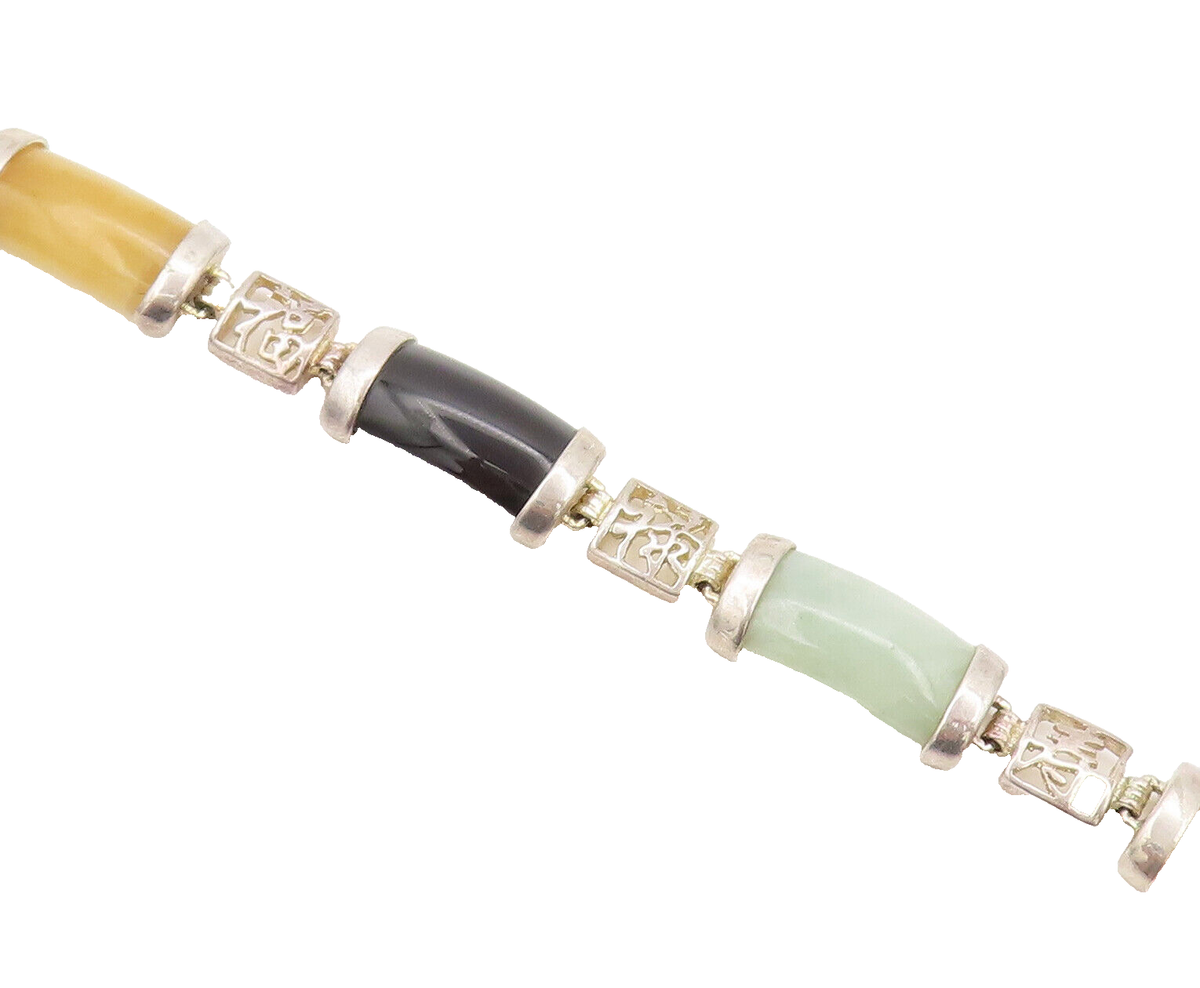 925 Sterling Silver Vintage Multi Color Jade Cutout Link Bracelet