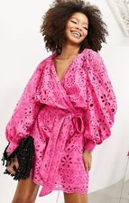 ASOS EDITION Womens Broderie Wrap Belted Mini Dress In Bright Pink RRP £95
