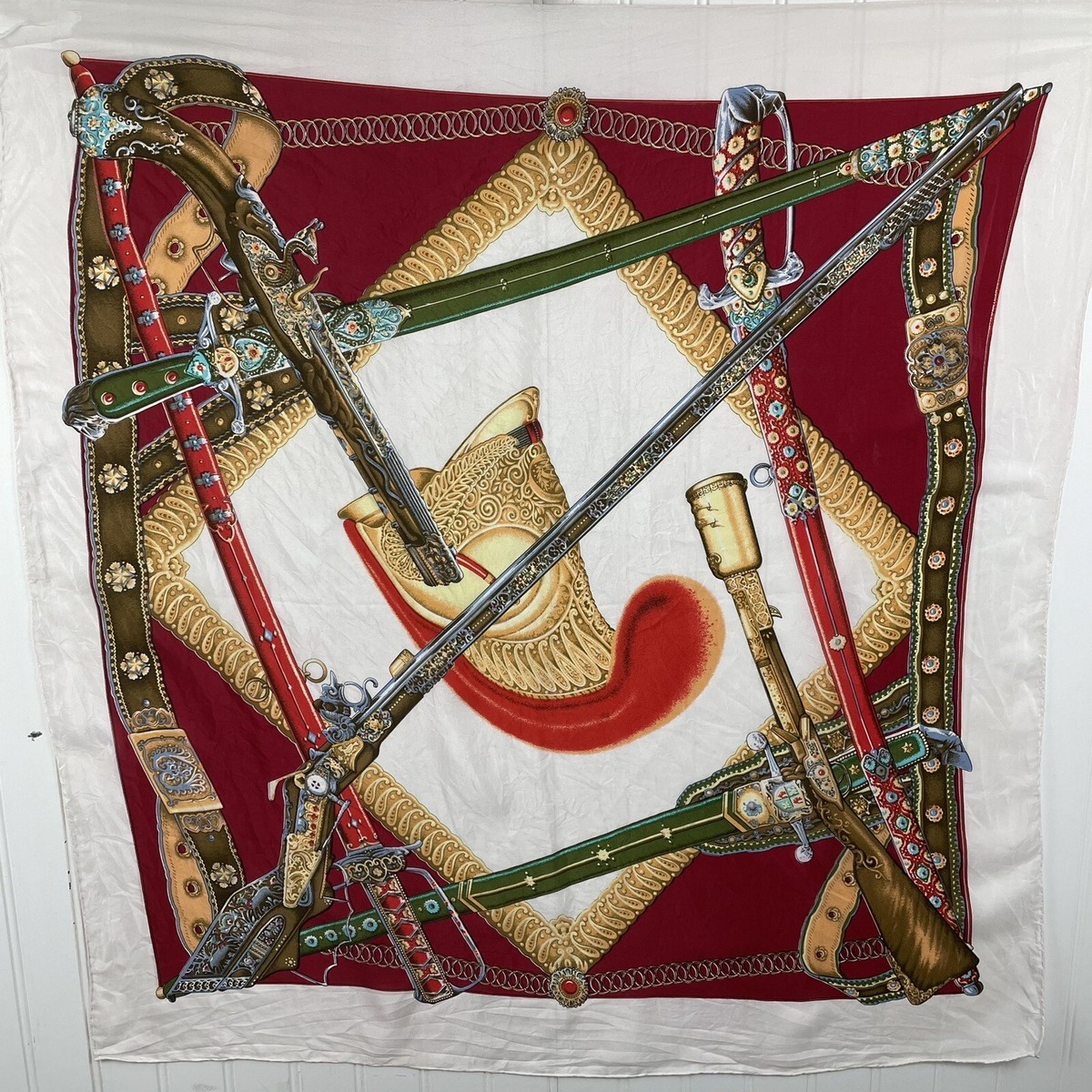 Vintage Golden Camel Silk Square Scarf featuring vintage weapons
