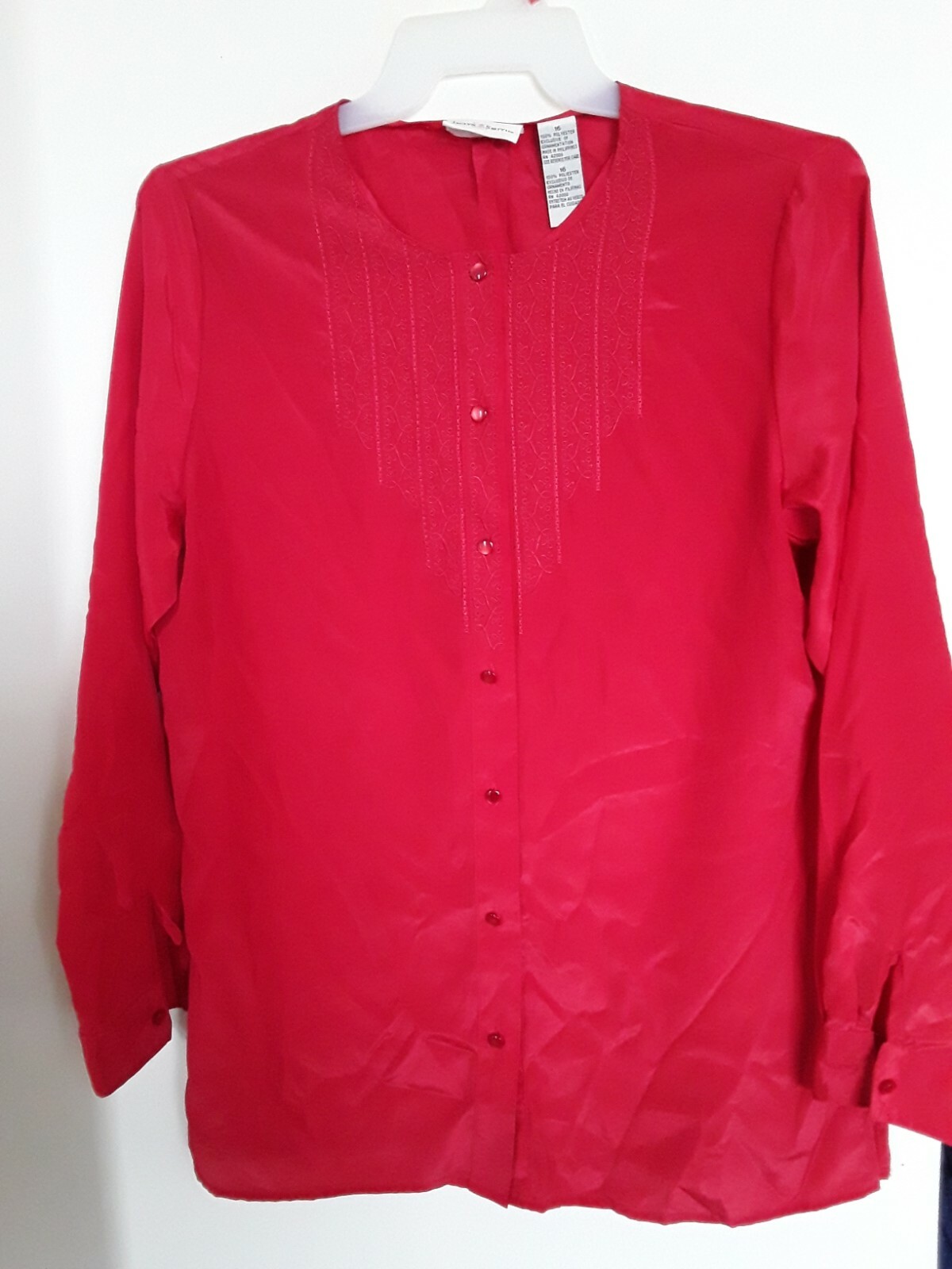 JACLYN SMITH CLASSIC Red Embroidered Long Sleeve Button Front Blouse Sz 16