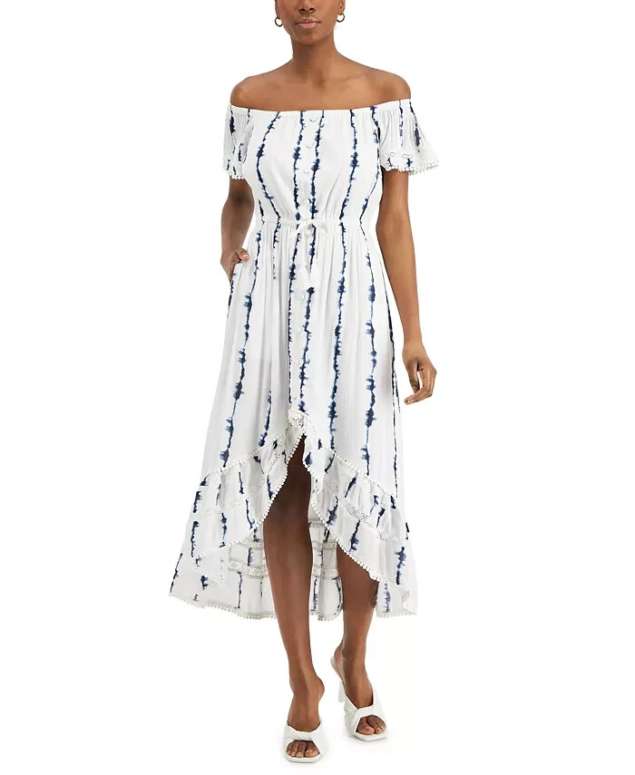 INC Tie-Dyed Off The Shoulder Ruffle Hi-Low Midi Dress Gauzy Flowy Size XL  Lined | eBay