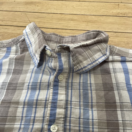 Merona Linen Button Up Shirt Men L Classic Brown Blue Plaid Western Beach 46" - Picture 4 of 20