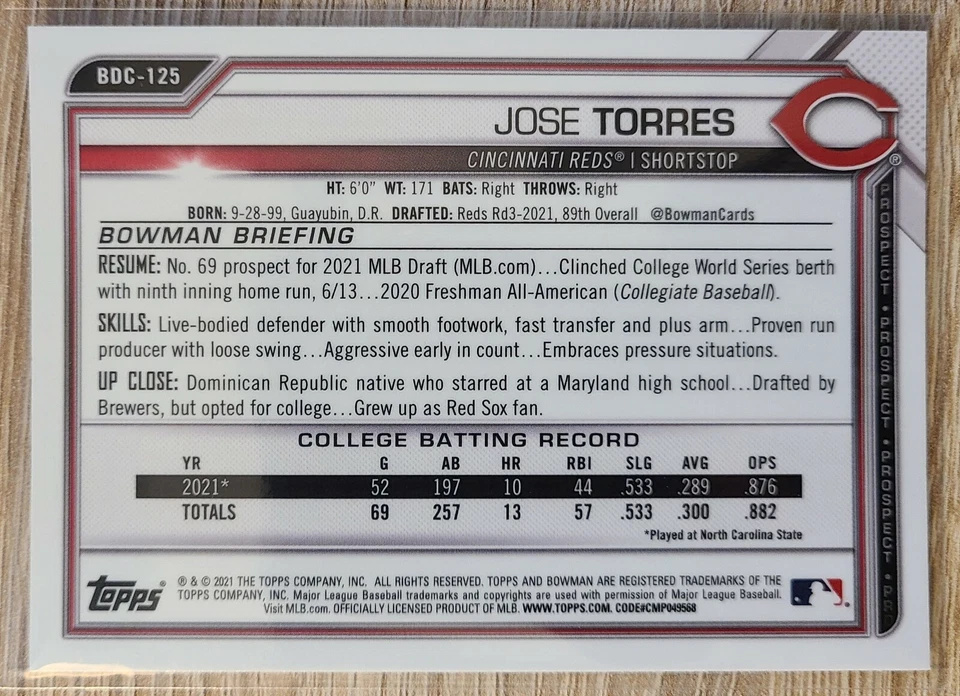 JOSE TORRES 2021 BOWMAN DRAFT CHROME BLACK & WHITE RAYWAVE 1ST! #BDC-125! - Image 2 of 2
