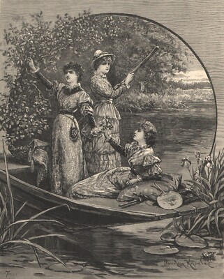 Davidson Knowles Happy Days Girls On Boat Picking Berries Relaxing 1881 Print
