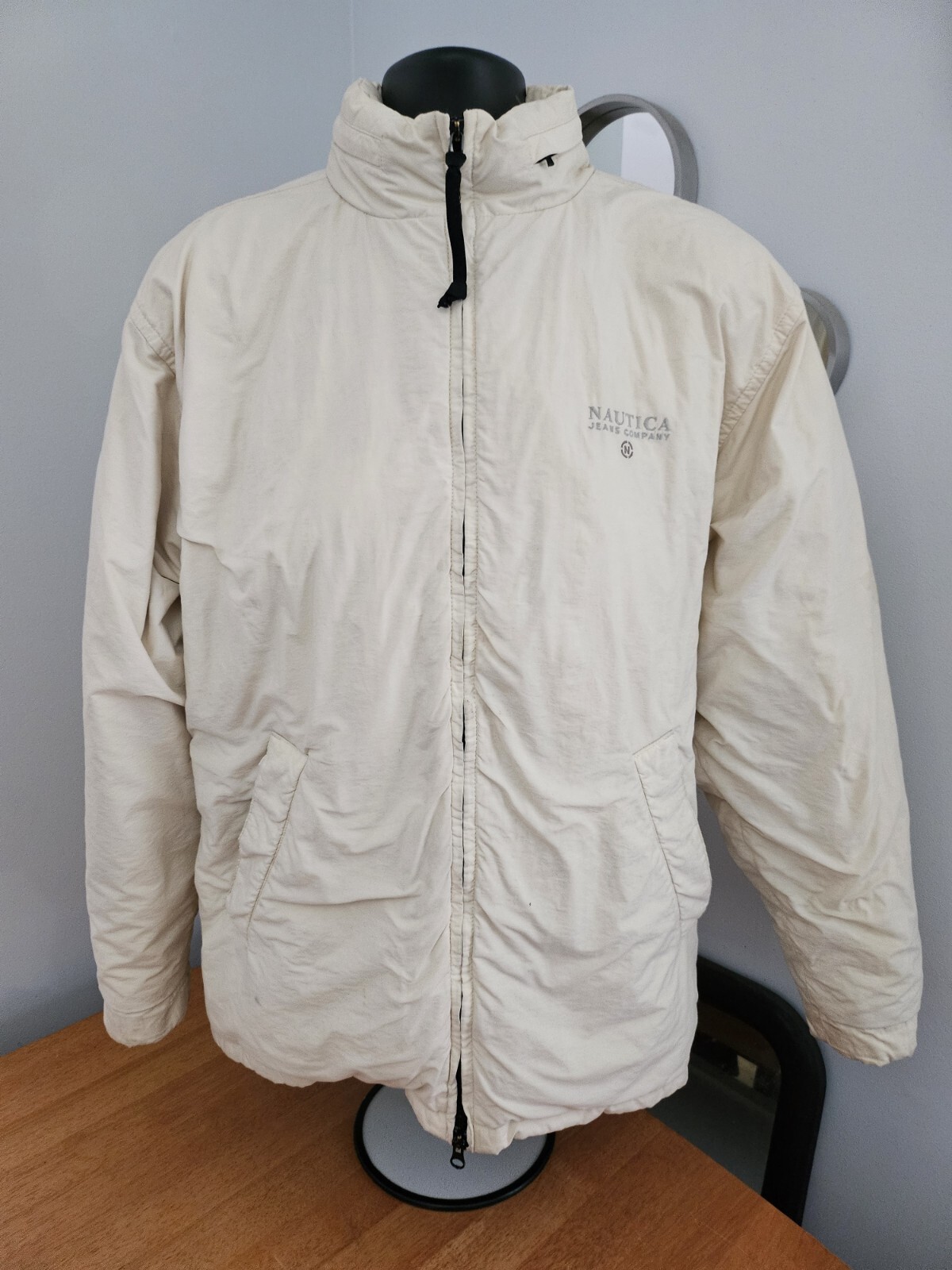 Nautica Off-White Hidden Hood Winter Down Feather Puffer Coat Jacket Mens Medium