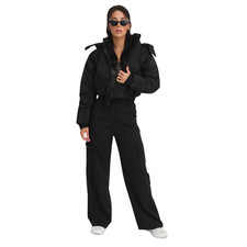 Womens Plain Bomber Jacket with Hooded Hem Detail Puffer Jacket Crop Winter Coat