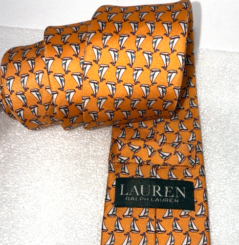RALPH LAUREN Lauren 100% Silk Men's Tie Orange Sailboat Necktie - Picture 5 of 10