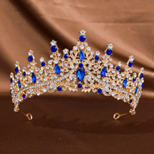 Wicked Silk Prom, Quinceanera Jeweled Crown Tiara Headband - Golden Night Blue