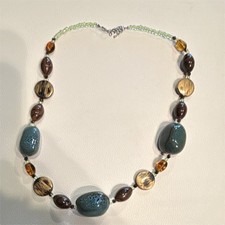 Glass Beaded Necklace Blue Oval Beads Brown Green Silver Tone Lobster Clasp