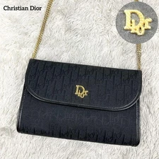 Christian Dior Trotter Chain Shoulder Bag Black Canvas Leather Vintage Auth