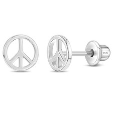 Retro Peace Sign Kids / Children's / Girls Earrings Screw Back - Sterling Silver