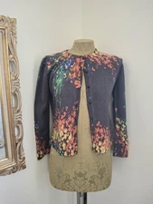 Y2K VTG ESCADA Virgin Wool/Silk Gray Multicolor Floral Print Cropped Cardigan
