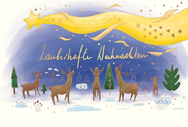 Weihnachten GlüCkwunschkarte Mit Umschlag Sternschnuppe, Rentiere Mit Goldfolie-image
