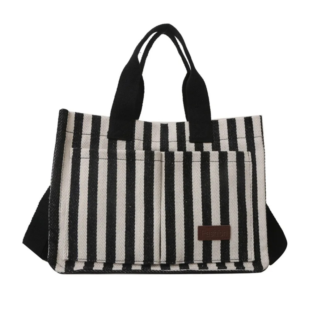 Casual Large Capacity Stripe Canvas Tote Bag Simple Korean Style Shoulder Bag Fa