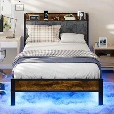 Twin Bed Frame with Smart LED Lights, Storage Headboard and USB Chargi