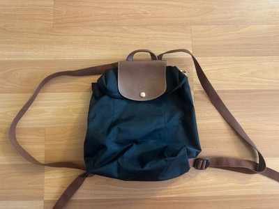 Longchamp Medium Black Backpack Brown Strap, Snap Closure, Gold Hardware