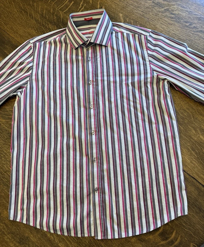 Report Collection Men's Sz L Striped Long Sleeve Button Front Shirt Gray Purple - Image 4 of 4