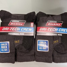 Dickies Men's Dri-Tech Crew Socks Charcoal Brown 12 pr Sz6-12 -2 Packs Of 6 Pair