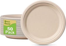 Disposable Paper Plates 9 inch, 50 Pack 100 Compostable, Brown Sugarcane